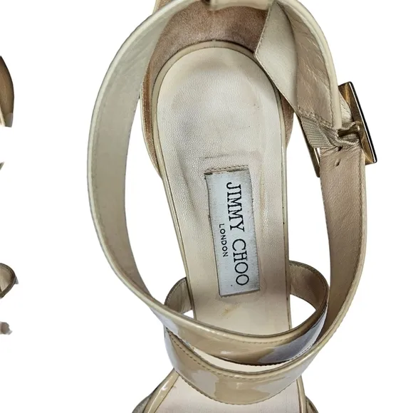 Jimmy Choo Fearne Cross Strap Wedge Sandals In Beige Patent Leather Sandals 39.5