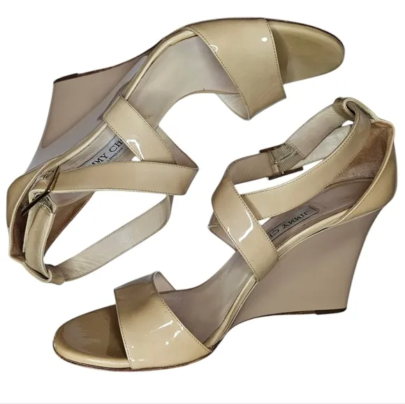 Jimmy Choo Fearne Cross Strap Wedge Sandals In Beige Patent Leather Sandals 39.5