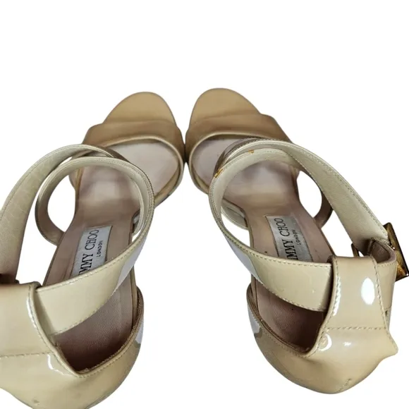 Jimmy Choo Fearne Cross Strap Wedge Sandals In Beige Patent Leather Sandals 39.5
