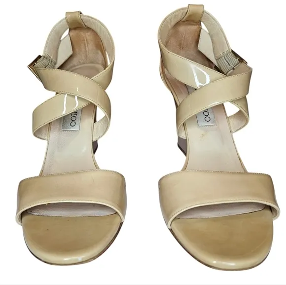 Jimmy Choo Fearne Cross Strap Wedge Sandals In Beige Patent Leather Sandals 39.5