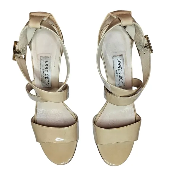 Jimmy Choo Fearne Cross Strap Wedge Sandals In Beige Patent Leather Sandals 39.5