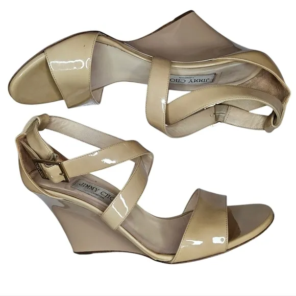Jimmy Choo Fearne Cross Strap Wedge Sandals In Beige Patent Leather Sandals 39.5