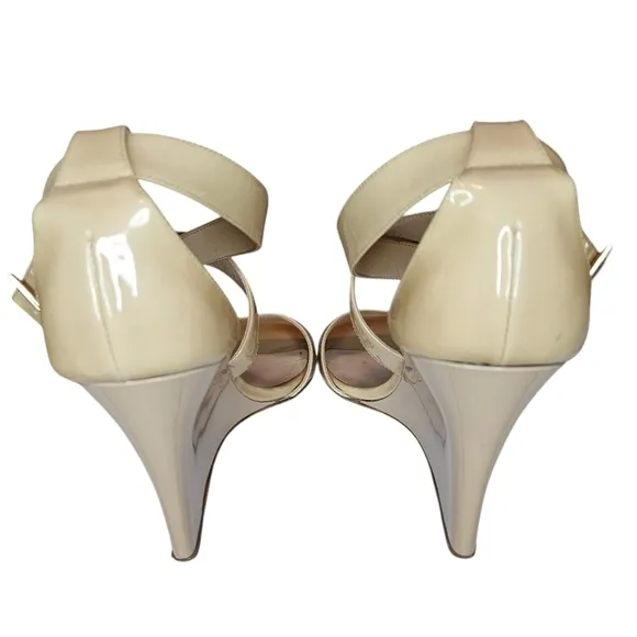 Jimmy Choo Fearne Cross Strap Wedge Sandals In Beige Patent Leather Sandals 39.5