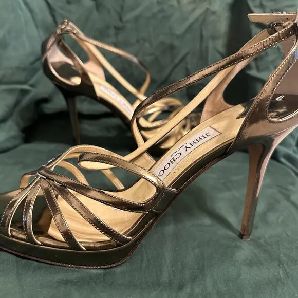 Jimmy Choo Gold Patent Leather Sandals Heels size 39IT (9US)