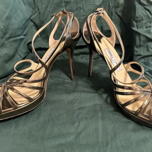 Jimmy Choo Gold Patent Leather Sandals Heels size 39IT (9US)