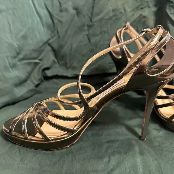 Jimmy Choo Gold Patent Leather Sandals Heels size 39IT (9US)