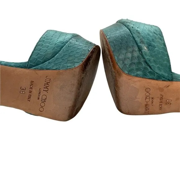 Jimmy Choo Linda Leather Green Python Snake Platform Sandals Ankle Strap 38 (8)