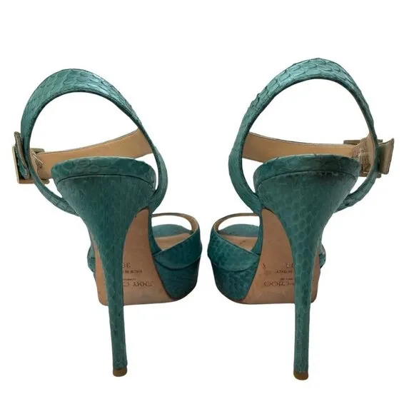 Jimmy Choo Linda Leather Green Python Snake Platform Sandals Ankle Strap 38 (8)
