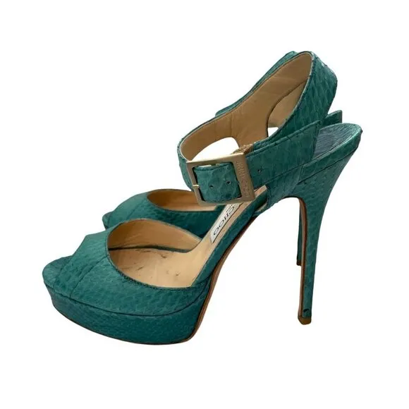 Jimmy Choo Linda Leather Green Python Snake Platform Sandals Ankle Strap 38 (8)