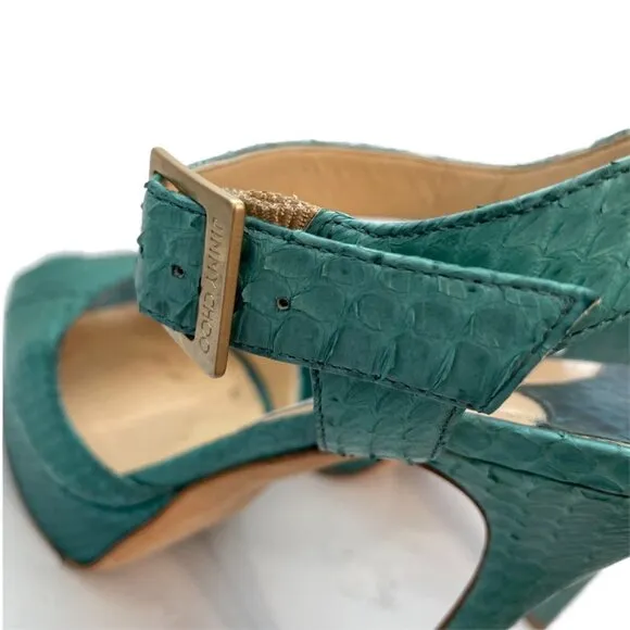 Jimmy Choo Linda Leather Green Python Snake Platform Sandals Ankle Strap 38 (8)