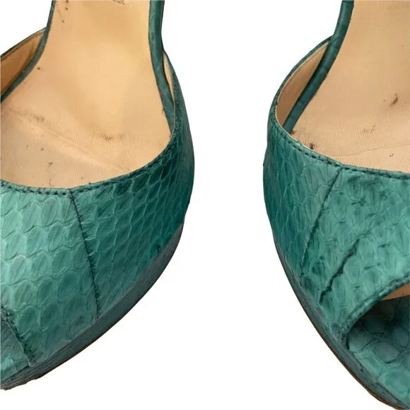 Jimmy Choo Linda Leather Green Python Snake Platform Sandals Ankle Strap 38 (8)