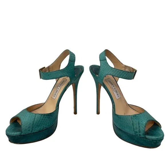 Jimmy Choo Linda Leather Green Python Snake Platform Sandals Ankle Strap 38 (8)