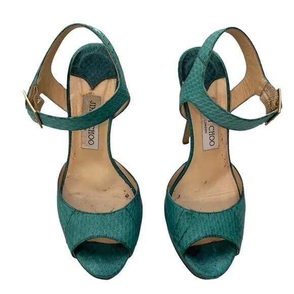Jimmy Choo Linda Leather Green Python Snake Platform Sandals Ankle Strap 38 (8)