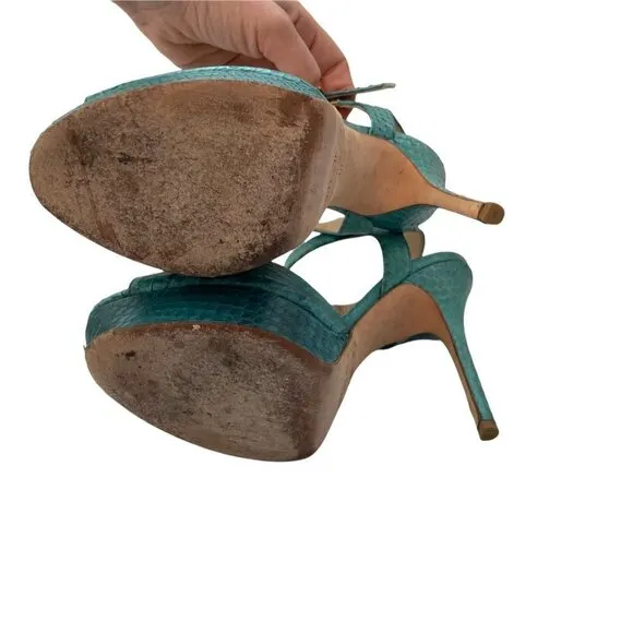 Jimmy Choo Linda Leather Green Python Snake Platform Sandals Ankle Strap 38 (8)