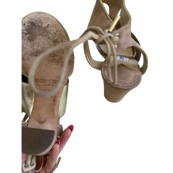 JIMMY CHOO Moira Tan Suede Ankle Tie Sandals Heels Size 37.5