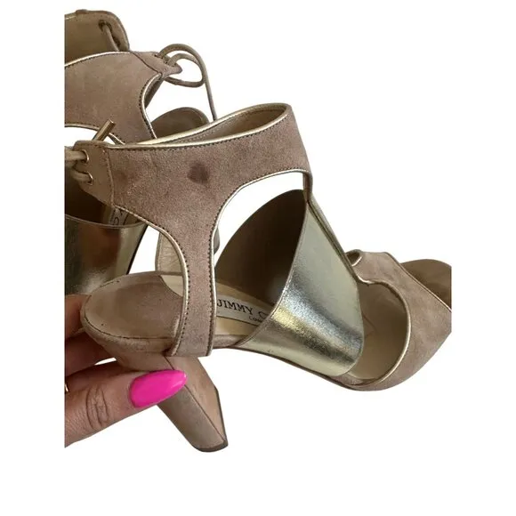 JIMMY CHOO Moira Tan Suede Ankle Tie Sandals Heels Size 37.5