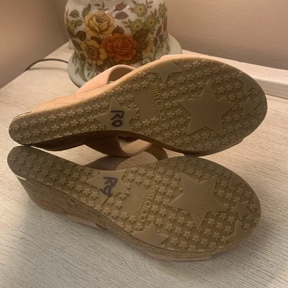 Jimmy Choo Peach Suede Cork Wedge Sandals Size 37