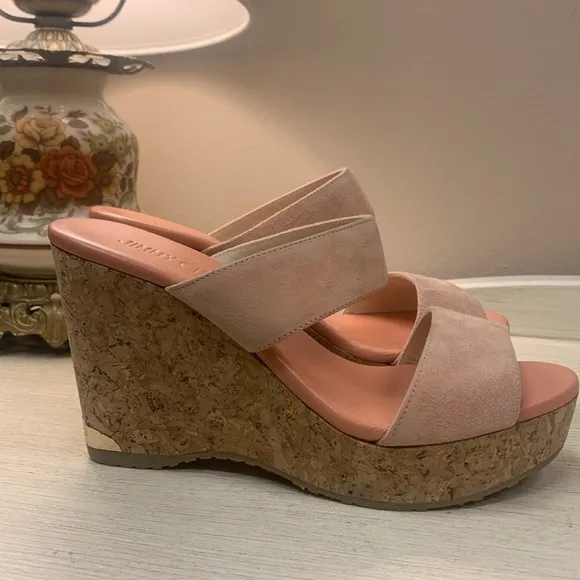 Jimmy Choo Peach Suede Cork Wedge Sandals Size 37