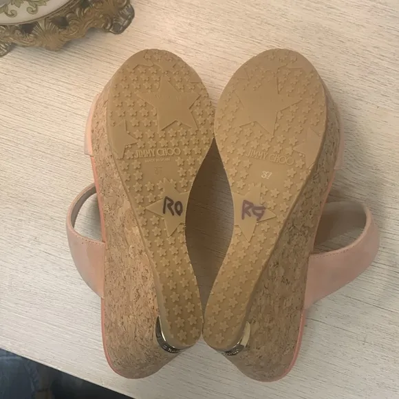 Jimmy Choo Peach Suede Cork Wedge Sandals Size 37