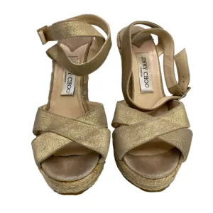 Jimmy Choo Phoenix Leather Metallic Gold Strappy Espadrille Wedge Sandals Sz 39