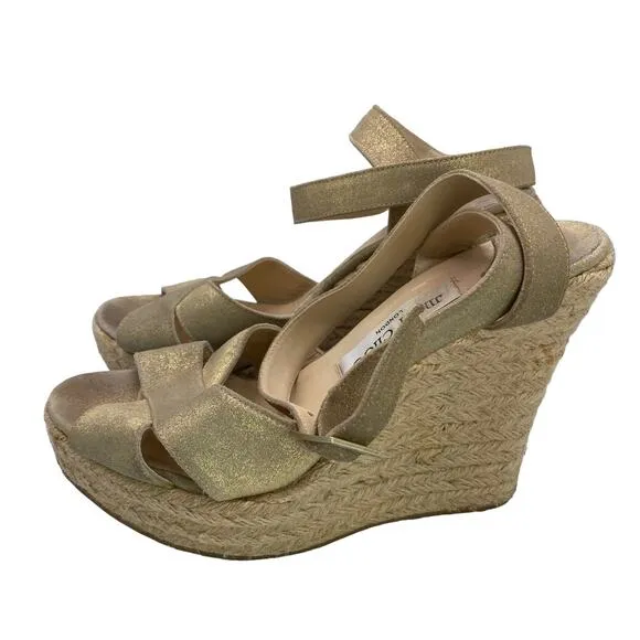 Jimmy Choo Phoenix Leather Metallic Gold Strappy Espadrille Wedge Sandals Sz 39