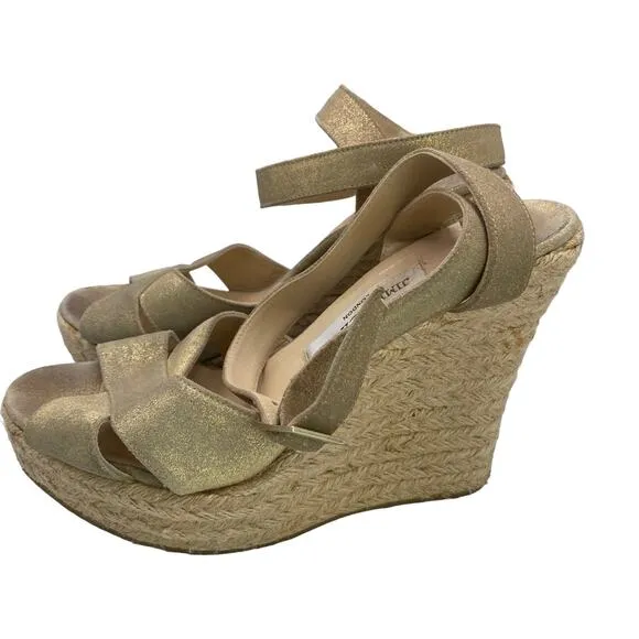 Jimmy Choo Phoenix Leather Metallic Gold Strappy Espadrille Wedge Sandals Sz 39