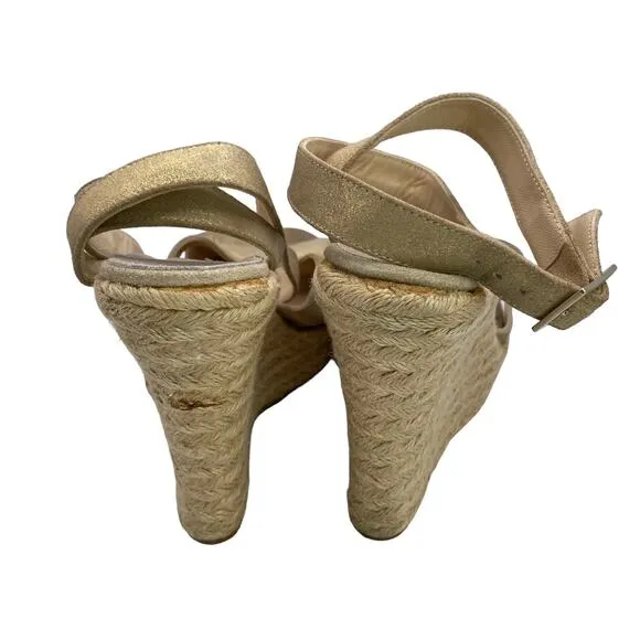 Jimmy Choo Phoenix Leather Metallic Gold Strappy Espadrille Wedge Sandals Sz 39
