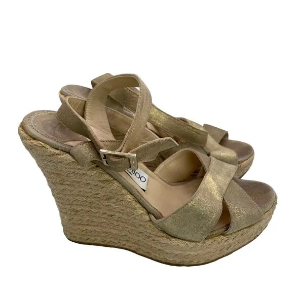 Jimmy Choo Phoenix Leather Metallic Gold Strappy Espadrille Wedge Sandals Sz 39