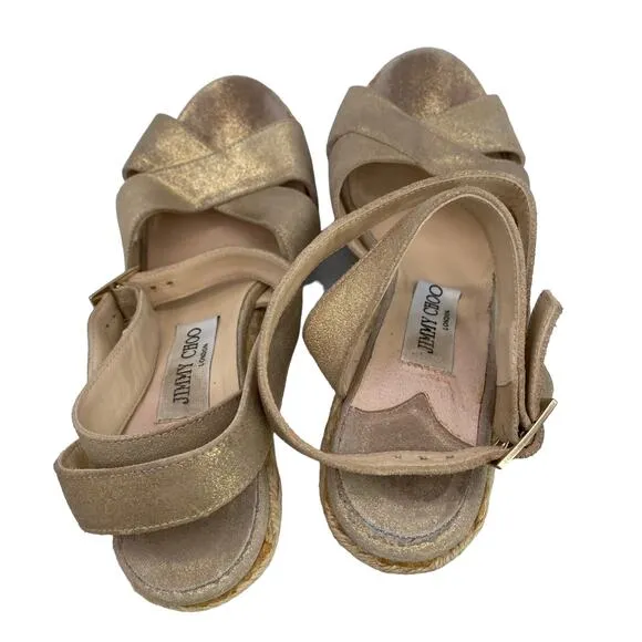 Jimmy Choo Phoenix Leather Metallic Gold Strappy Espadrille Wedge Sandals Sz 39