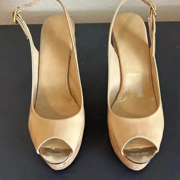 Jimmy Choo Praise Patent Leather Wedge Sling back Tan Sandal Size 38