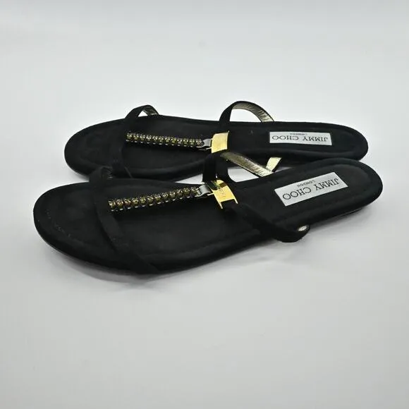 JIMMY CHOO Sandals Womens Sz 38 Black Suede Rhinestone Gold Detail Strappy Shoe