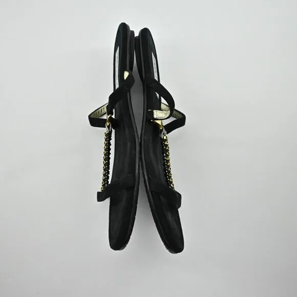 JIMMY CHOO Sandals Womens Sz 38 Black Suede Rhinestone Gold Detail Strappy Shoe