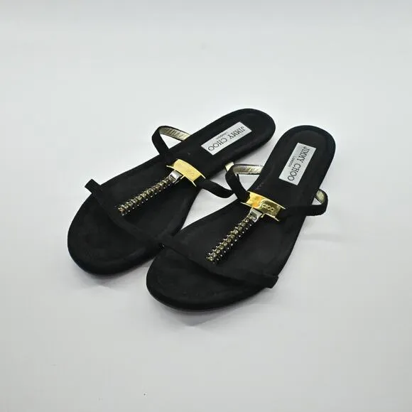 JIMMY CHOO Sandals Womens Sz 38 Black Suede Rhinestone Gold Detail Strappy Shoe