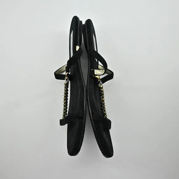 JIMMY CHOO Sandals Womens Sz 38 Black Suede Rhinestone Gold Detail Strappy Shoe