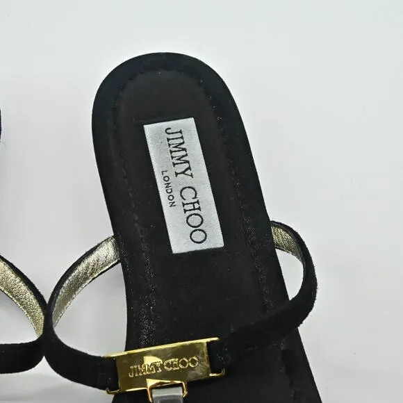 JIMMY CHOO Sandals Womens Sz 38 Black Suede Rhinestone Gold Detail Strappy Shoe