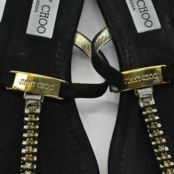 JIMMY CHOO Sandals Womens Sz 38 Black Suede Rhinestone Gold Detail Strappy Shoe