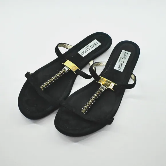 JIMMY CHOO Sandals Womens Sz 38 Black Suede Rhinestone Gold Detail Strappy Shoe