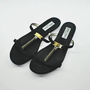 JIMMY CHOO Sandals Womens Sz 38 Black Suede Rhinestone Gold Detail Strappy Shoe