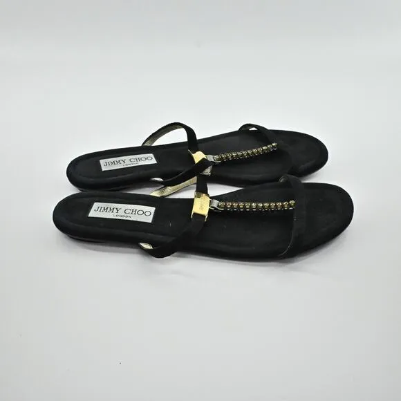 JIMMY CHOO Sandals Womens Sz 38 Black Suede Rhinestone Gold Detail Strappy Shoe