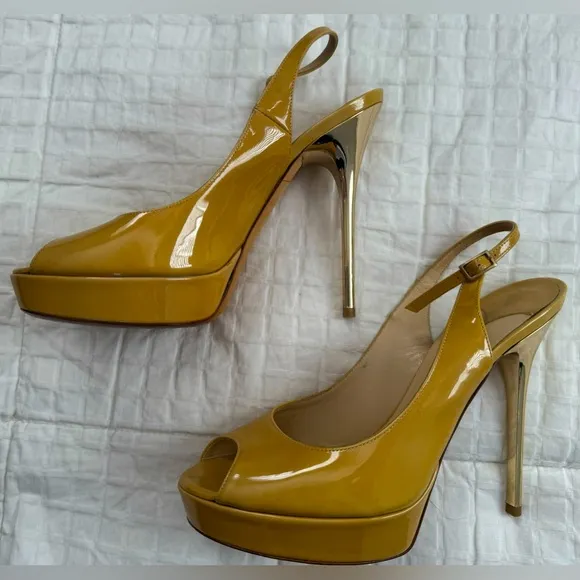JIMMY CHOO Shaw Nude Patent Leather Peep Toe Platform Slingback Sandals 37.5