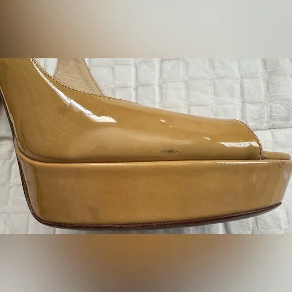 JIMMY CHOO Shaw Nude Patent Leather Peep Toe Platform Slingback Sandals 37.5