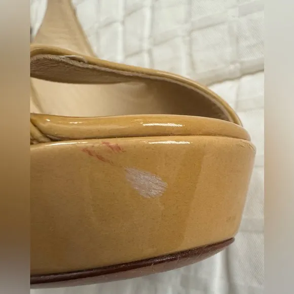 JIMMY CHOO Shaw Nude Patent Leather Peep Toe Platform Slingback Sandals 37.5