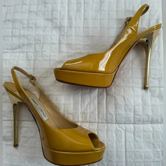 JIMMY CHOO Shaw Nude Patent Leather Peep Toe Platform Slingback Sandals 37.5