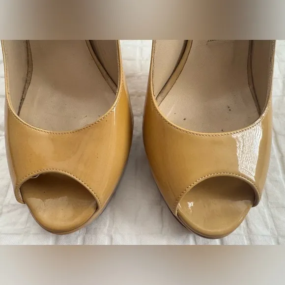 JIMMY CHOO Shaw Nude Patent Leather Peep Toe Platform Slingback Sandals 37.5