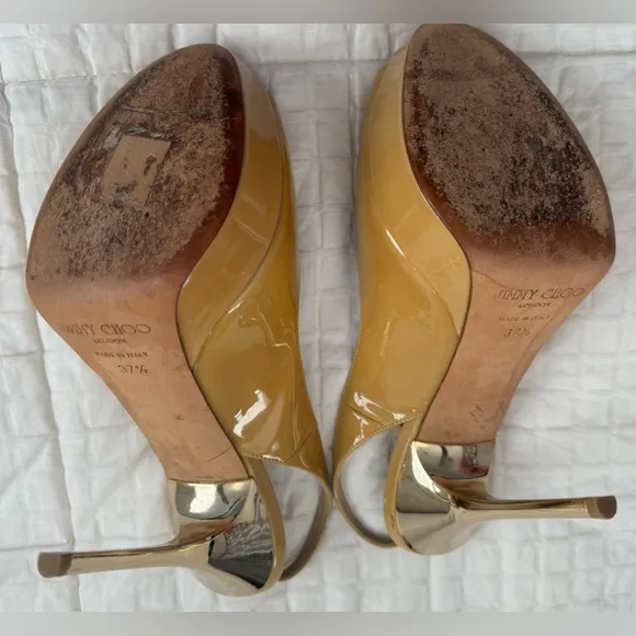 JIMMY CHOO Shaw Nude Patent Leather Peep Toe Platform Slingback Sandals 37.5