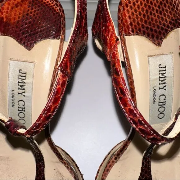 Jimmy Choo Snake Print Leather Heeled Sandals Size 7.5 (37.5) Brown