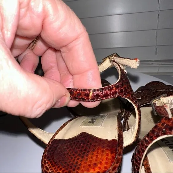 Jimmy Choo Snake Print Leather Heeled Sandals Size 7.5 (37.5) Brown