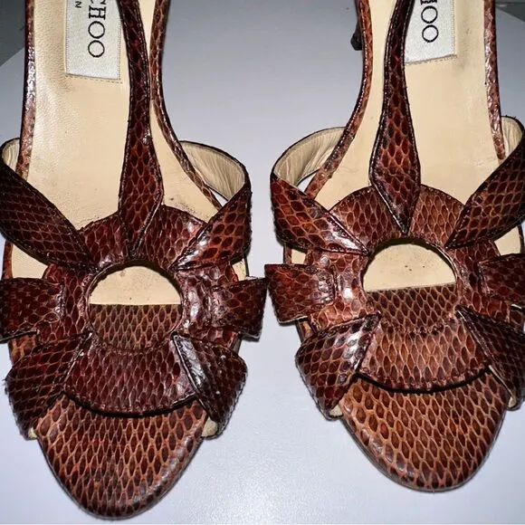 Jimmy Choo Snake Print Leather Heeled Sandals Size 7.5 (37.5) Brown