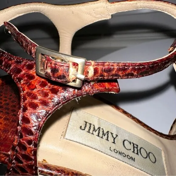 Jimmy Choo Snake Print Leather Heeled Sandals Size 7.5 (37.5) Brown