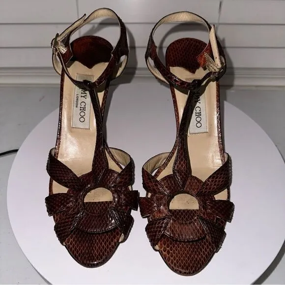 Jimmy Choo Snake Print Leather Heeled Sandals Size 7.5 (37.5) Brown